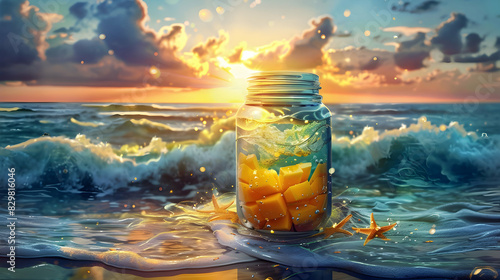 A mango jar cake in the ocean scene 