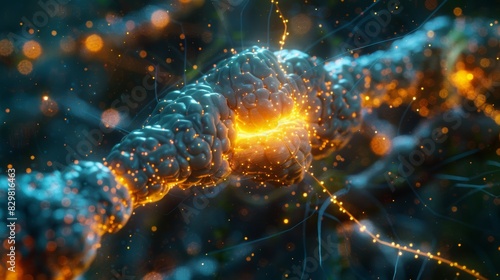 An abstract visualization of a synapse, with electrical signals traveling along the axon and neurotransmitters crossing the synaptic gap, symbolizing the transmission of informatio photo