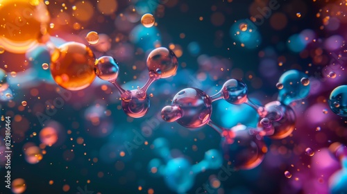 An artistic representation of a chemical reaction, with colorful molecules and catalysts interacting dynamically, set against a dark background to emphasize the process. photo