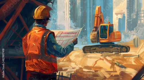 An engineer in a hard hat and safety vest surveys a construction site, holding a set of blueprints. The project is in full swing with machinery and workers in the background.