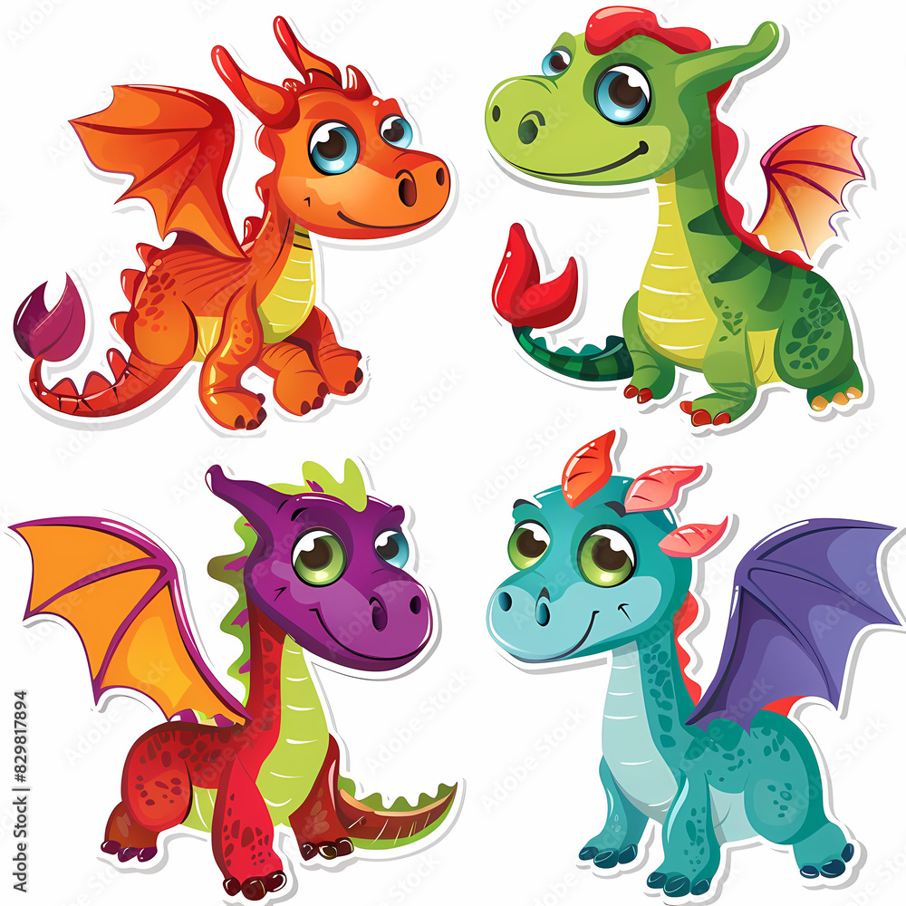 Obraz premium a Set Cute dragon on a White Canvas Sticker,vector image