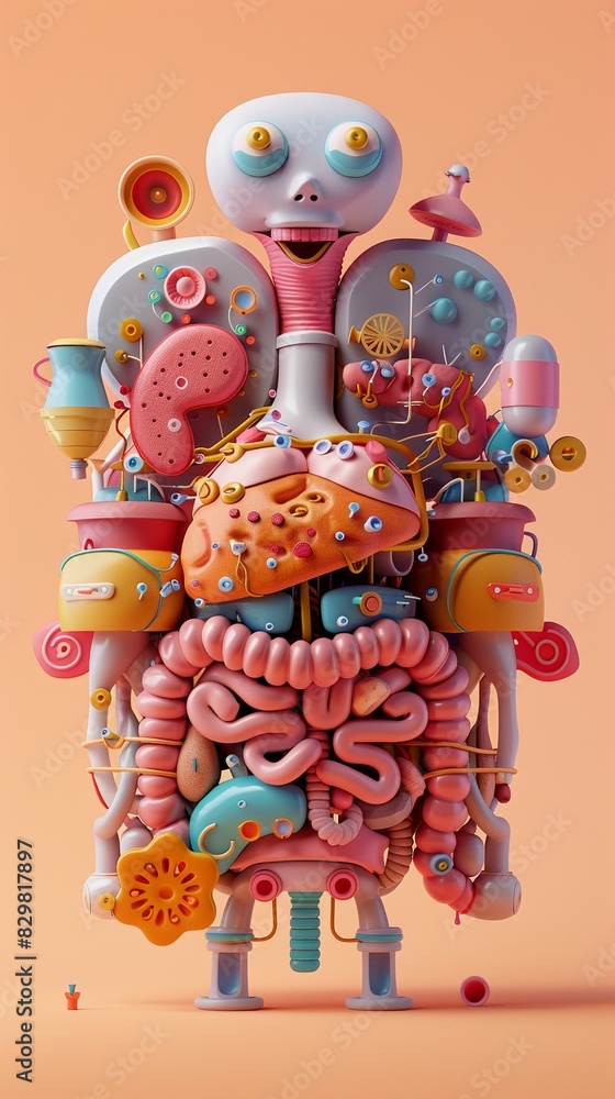 Human digestive system with labeled parts flat design front view educational theme 3D render vivid