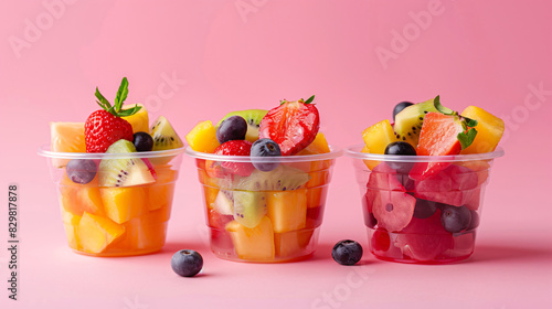 Fresh tasty fruit salad in plastic cups on pink background