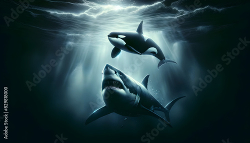 A great white shark and a large killer whale in the depths of the ocean