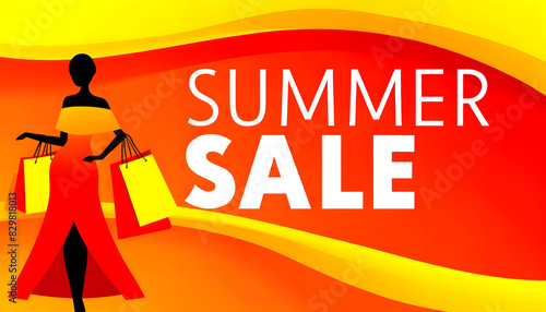 Summer sales banner with vibrant orange and yellow background with fashion woman holding shopping bags