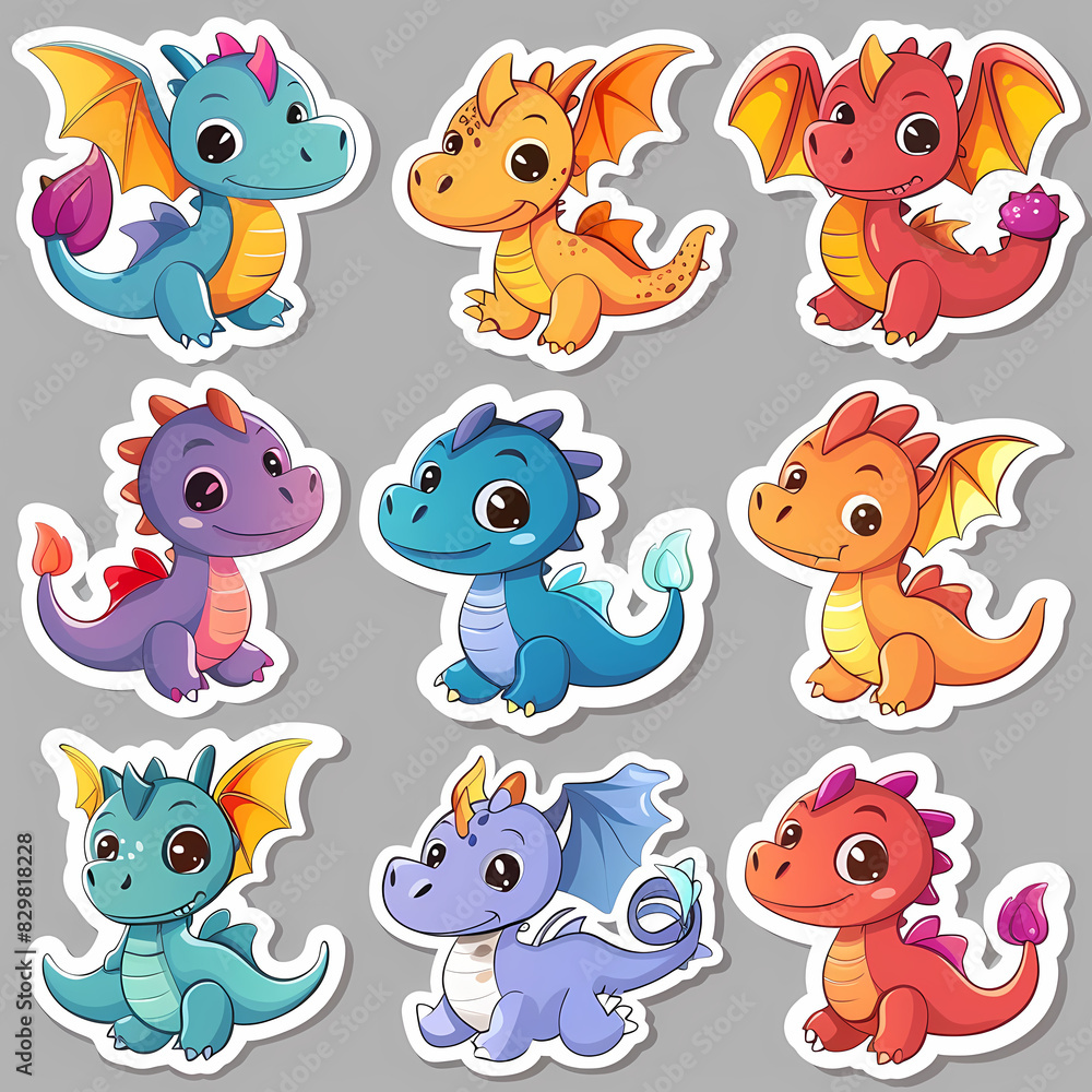 Obraz premium a Set Cute dragon on a White Canvas Sticker,vector image