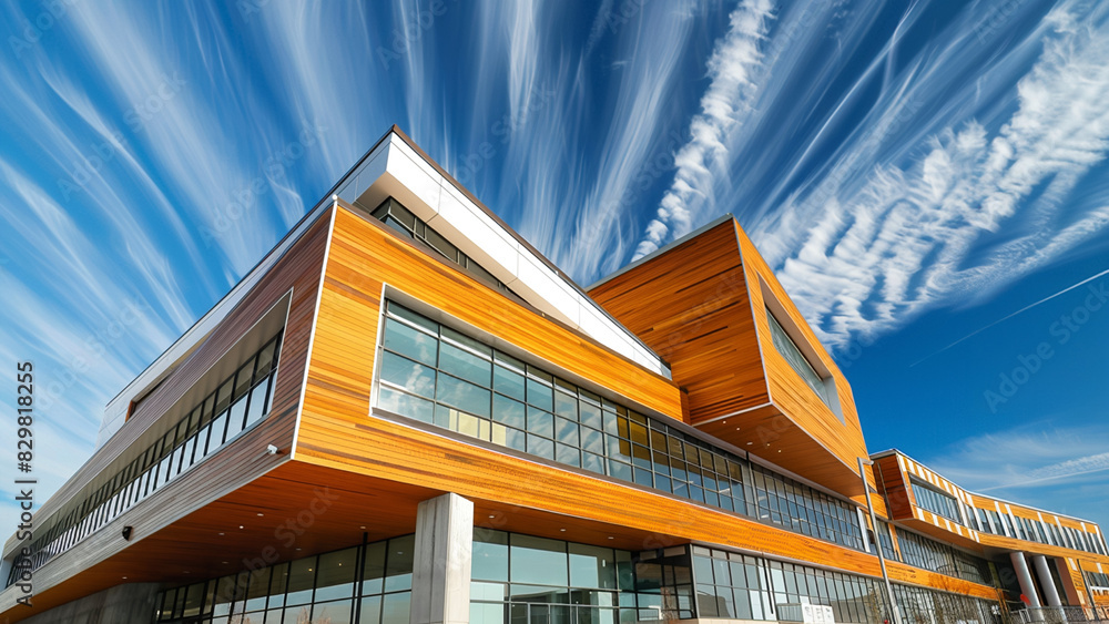 Fototapeta premium Dynamic Modern Building with Wood Paneling and Dramatic Sky Background