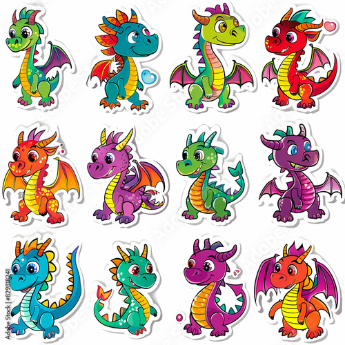 a Set Cute dragon on a White Canvas Sticker,vector image