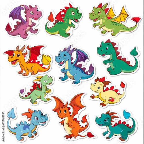 a Set Cute dragon on a White Canvas Sticker,vector image