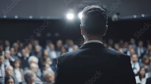 A man in a suit addresses a large audience in a dimly lit conference room, conveying a sense of professionalism and engagement.