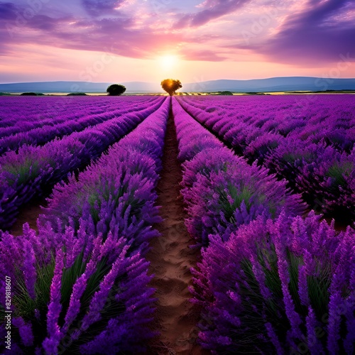 A field of lavender in full bloom  with rows of purple flowers stretching towards the horizon in the French countryside.