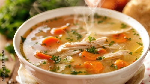 The comforting essence of a hot bowl of chicken soup with its steam rising invitingly alongside tender chicken and hearty vegetables