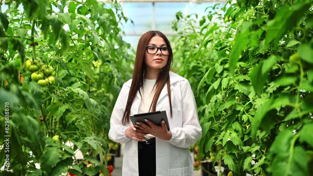 Laboratory technician in a white coat analysing tomatoes grown in a greenhouse Laboratory technician in a white coat analysing tomatoes grown in a greenhouse