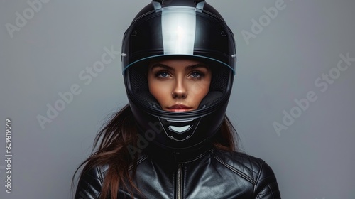 The female wearing a motorcycle helmet against a grey backdrop © TheWaterMeloonProjec