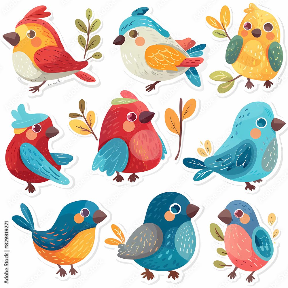 Fototapeta premium a Set Cute Bird on a White Canvas Sticker,vector image