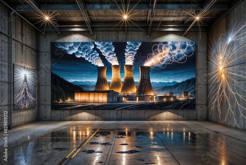 A stunning and imaginative digital artwork showcasing a futuristic nuclear power plant set against a mountainous landscape  with ethereal smoke plumes and fireworks-like effects.