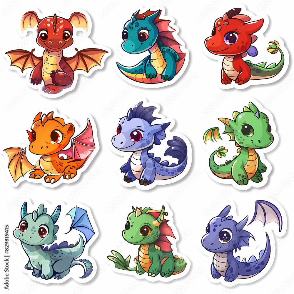 Obraz premium a Set Cute dragon on a White Canvas Sticker,vector image