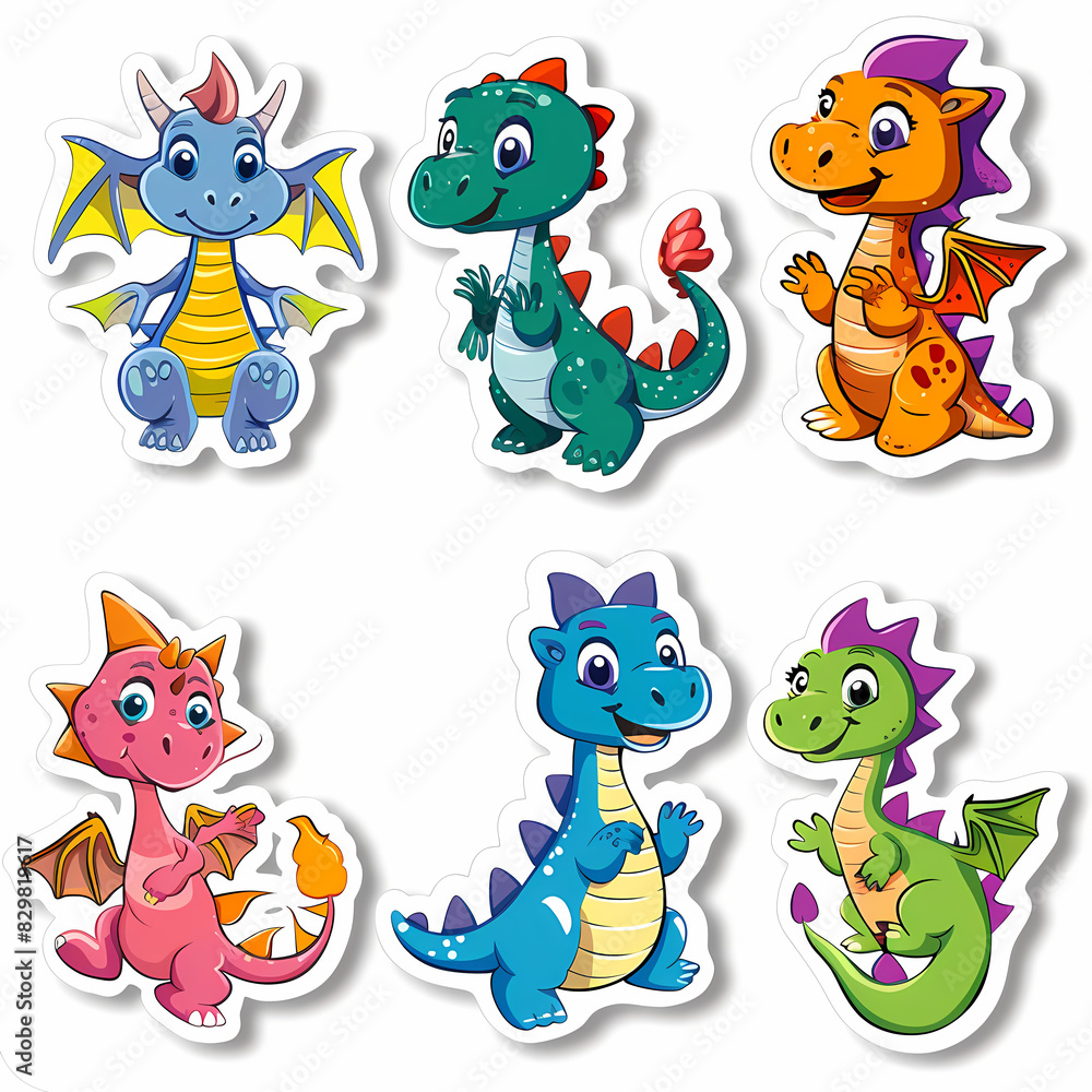 Naklejka premium a Set Cute dragon on a White Canvas Sticker,vector image