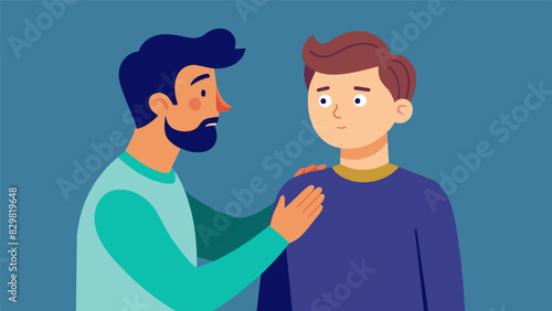 A man quietly listening and offering a shoulder to lean on as his friend opens up about his insecurities and body image issues.. Vector illustration