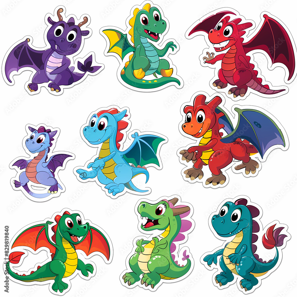 Obraz premium a Set Cute dragon on a White Canvas Sticker,vector image