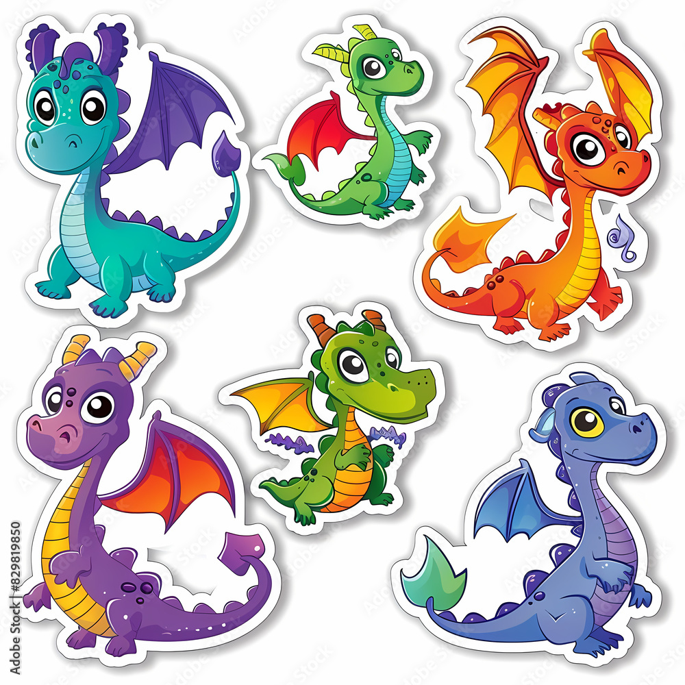 a Set Cute dragon on a White Canvas Sticker,vector image a Set Cute dragon on a White Canvas Sticker,vector image