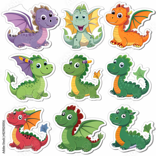 a Set Cute dragon on a White Canvas Sticker,vector image