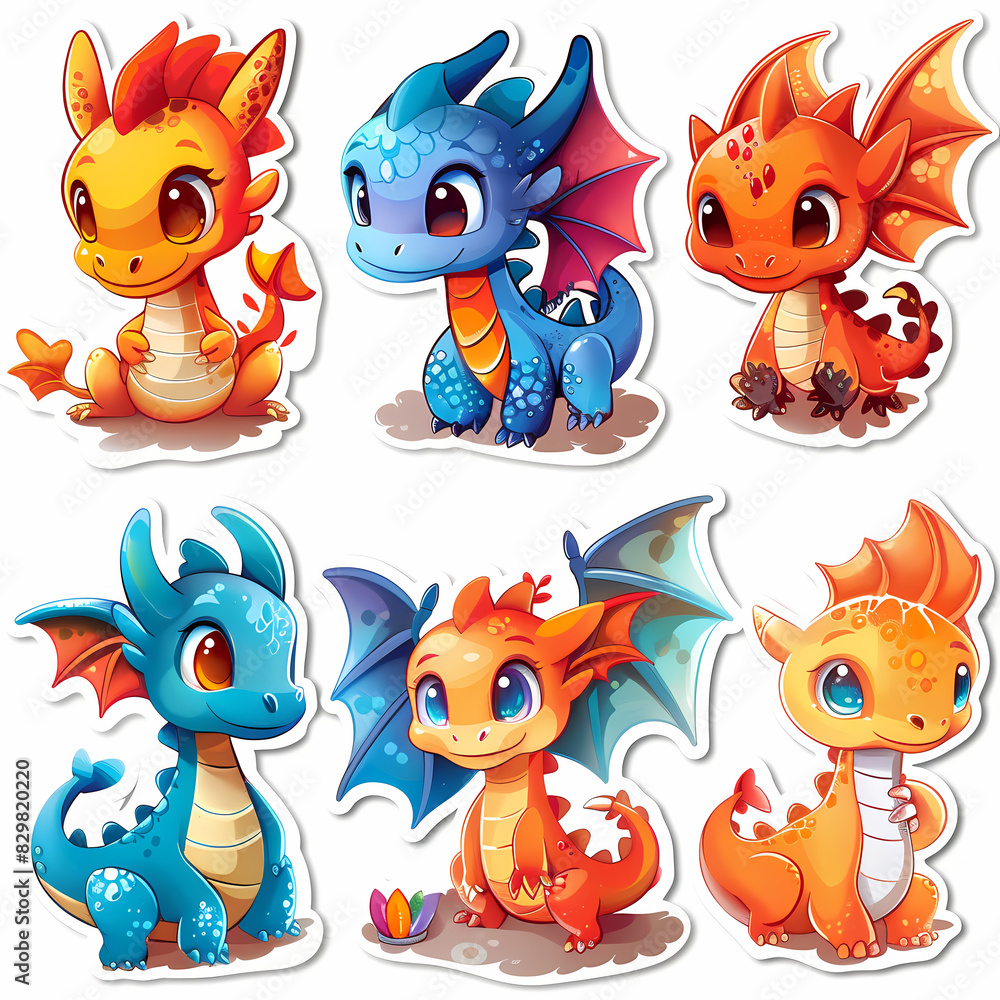Obraz premium a Set Cute dragon on a White Canvas Sticker,vector image