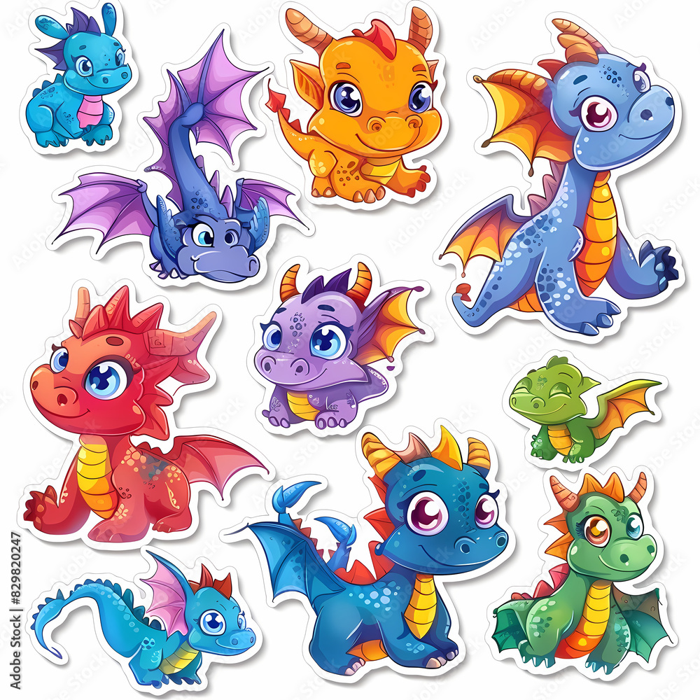 Obraz premium a Set Cute dragon on a White Canvas Sticker,vector image