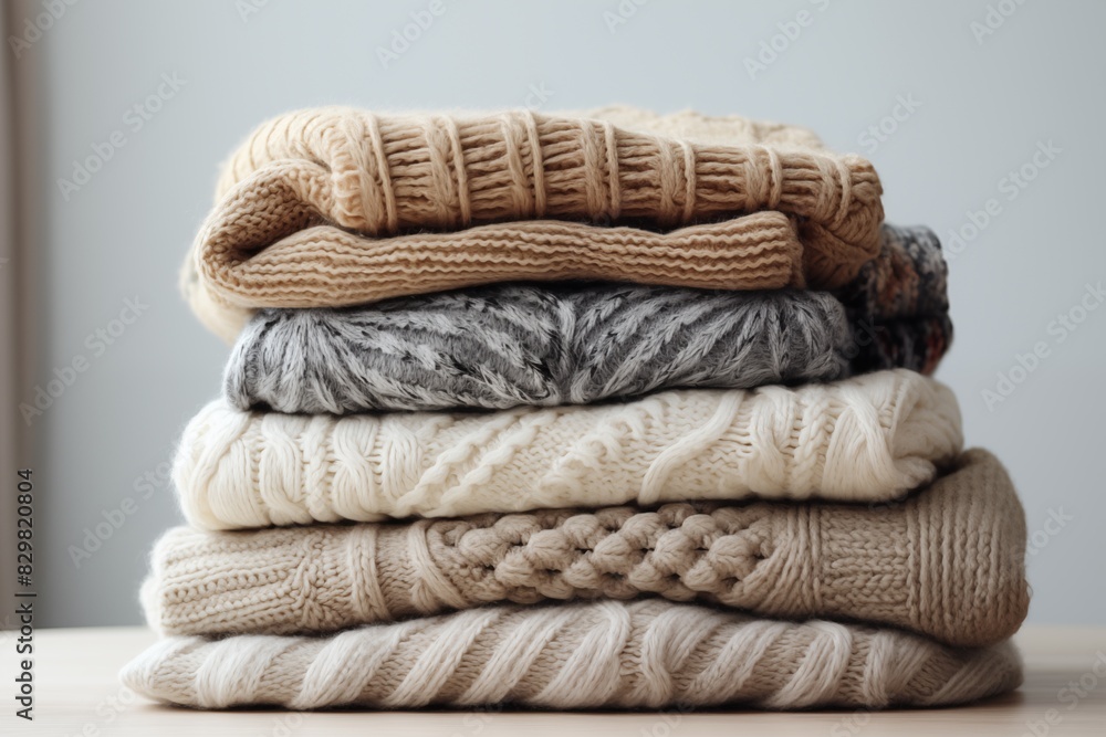 Soft focus on a stack of cozy knit blankets with varying textures and patterns. 