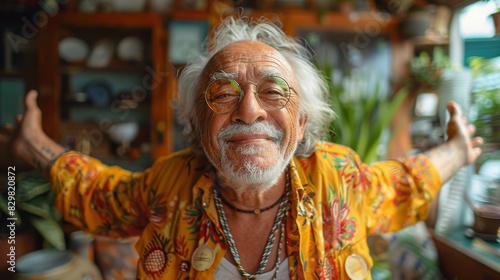 Colorful senior with tattoos and vibrant shirt spreads his arms in an inviting gesture