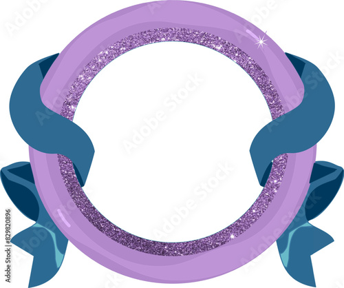 avatar badge icons of lilac metal circle with cloth and pink ribbon for ui game design. Blank rank border with crown for medieval interface. banner, frame, 3d, victory, winner. RPG
