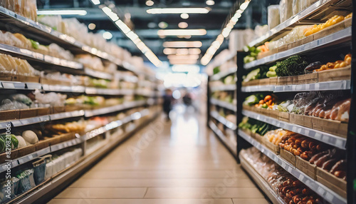 blur of bustling supermarket interior in a shopping mall, conveying vibrant consumer activity and retail ambiance