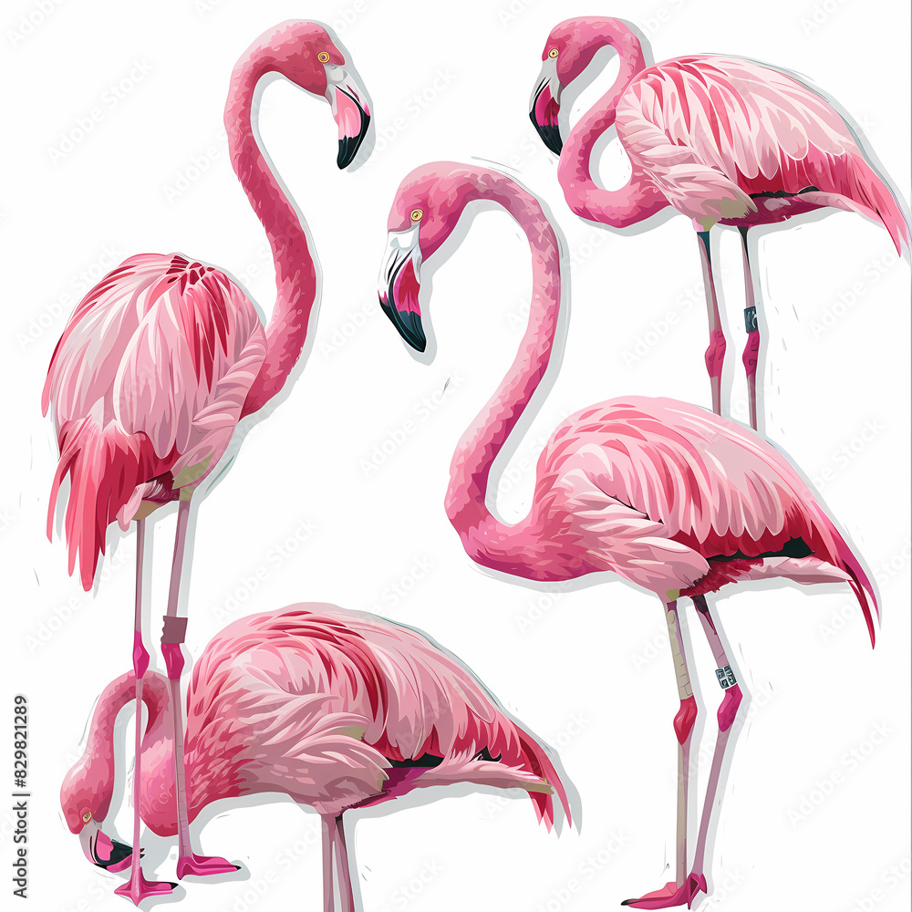 Obraz premium a Set Cute Greater Flamingo on a White Canvas Sticker,vector image