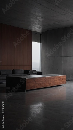 Modern interior aesthetic, Smooth concrete and wood surfaces in a dark, empty space.