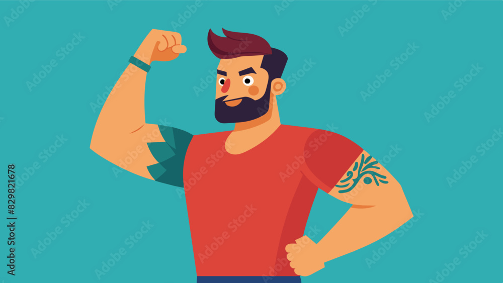 A man proudly sporting a new tattoo on his once insecuritiescovered arm signifying a deeper selfacceptance and appreciation for his body.. Vector illustration A man proudly sporting a new tattoo on his once insecuritiescovered arm signifying a deeper selfacceptance and appreciation for his body.. Vector illustration