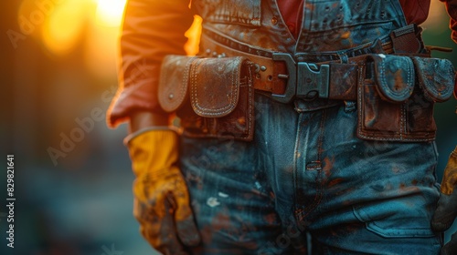 The sun sets behind a construction worker, focusing on their dirty tool belt and protective gear