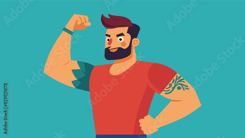 A man proudly sporting a new tattoo on his once insecuritiescovered arm signifying a deeper selfacceptance and appreciation for his body.. Vector illustration
