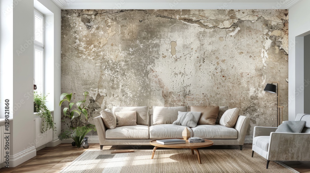 Grunge wall in a daylight-filled living room, showcasing ancient ambiance Grunge wall in a daylight-filled living room, showcasing ancient ambiance