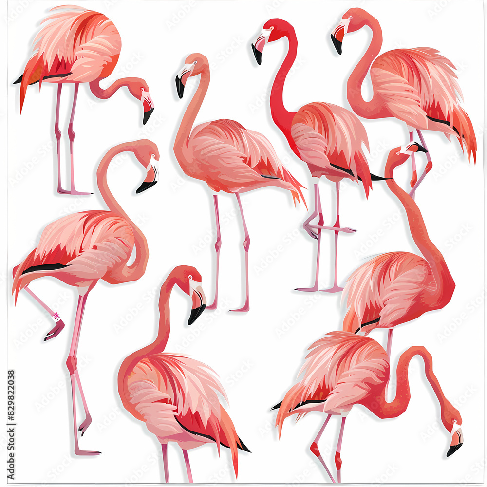Obraz premium a Set Cute Greater Flamingo on a White Canvas Sticker,vector image