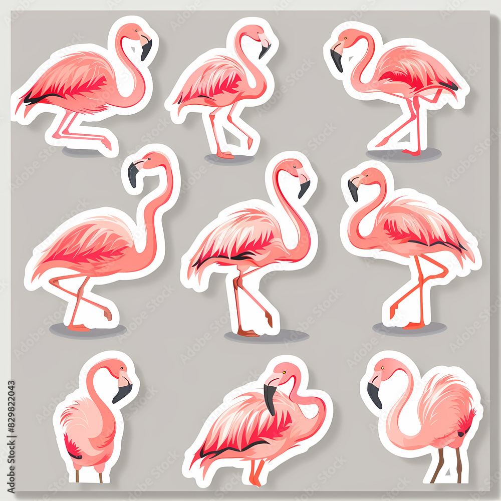 Fototapeta premium a Set Cute Greater Flamingo on a White Canvas Sticker,vector image
