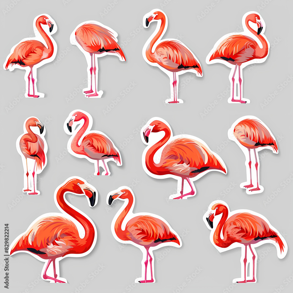 Obraz premium a Set Cute Greater Flamingo on a White Canvas Sticker,vector image