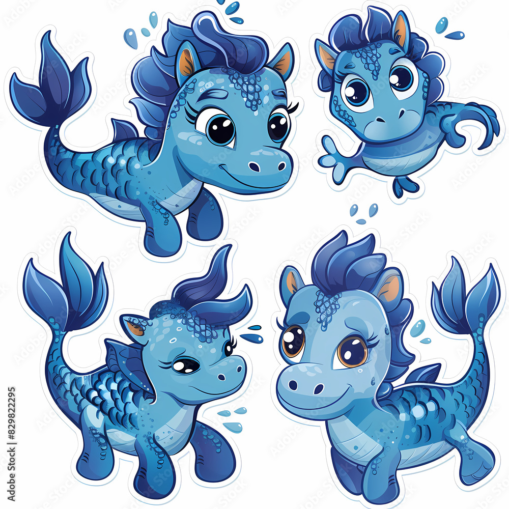 Fototapeta premium a Set Cute Hippocampus on a White Canvas Sticker,vector image