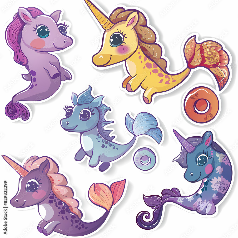 Naklejka premium a Set Cute Hippocampus on a White Canvas Sticker,vector image