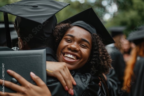 Multiethnic graduates in black caps and gowns, joyfully hugging each other and holding their diplomas, having a great time photo