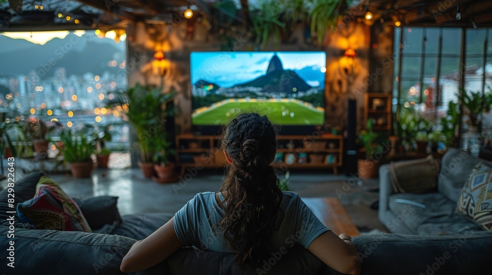 A relaxed atmosphere at home with a person watching a sports game on TV with city lights in background