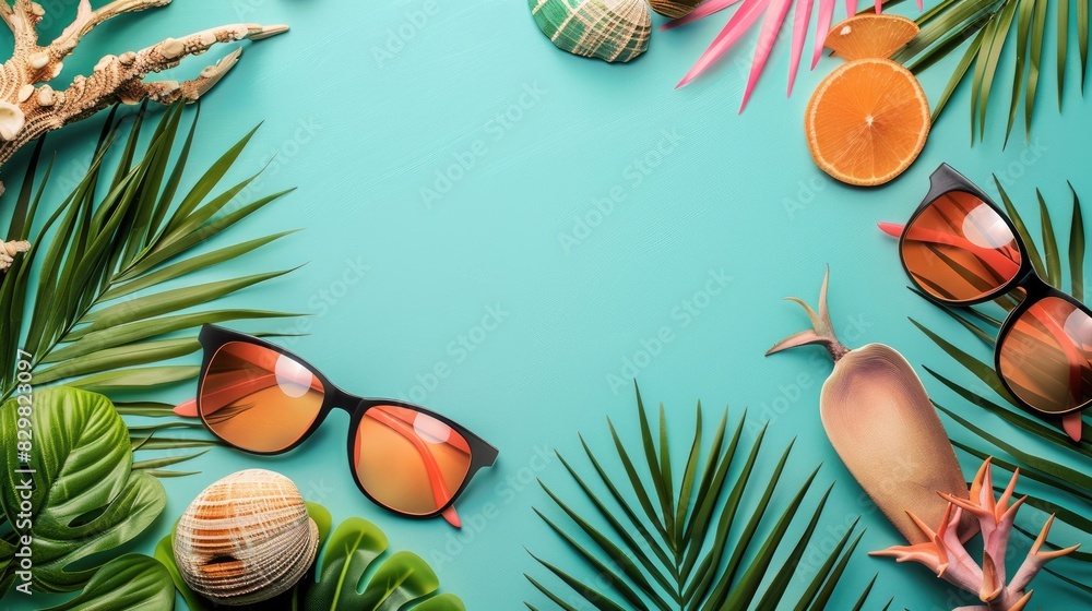 A display of travel gear, sunglasses, and tropical items, providing space for copy. A display of travel gear, sunglasses, and tropical items, providing space for copy.