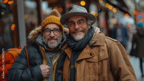 Portraits of two elderly gentlemen with warm smiles, wearing seasonal outerwear, embracing friendship in an urban setting