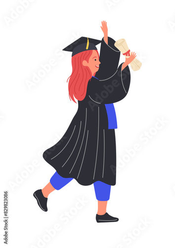 Graduation. happy graduated girl in academic cap and gown holding scroll. Professional education concept.