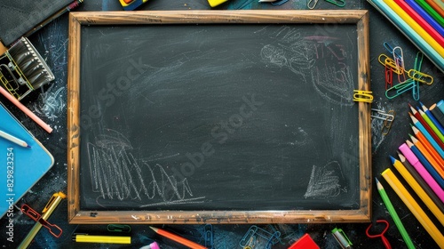 A vibrant frame of educational supplies like pencils, markers, erasers, and chalk, arranged in a flat lay around a blackboard with ample copy space. photo