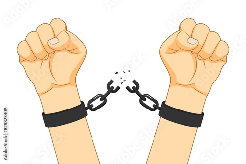Vector illustration of hands breaking handcuffs on transparent background